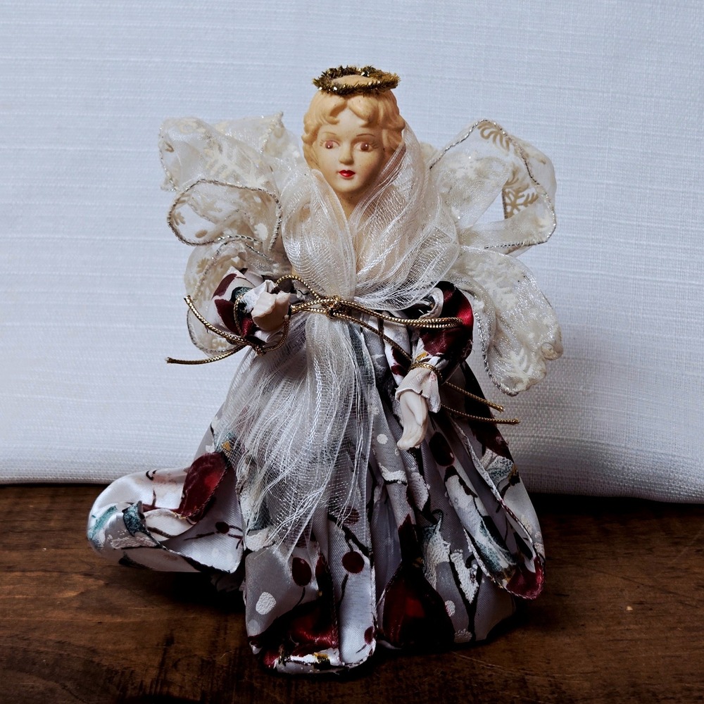 Vintage Style Porcelain Angel Christmas Tree Topper Cardinal Print Gown 8 Inch
